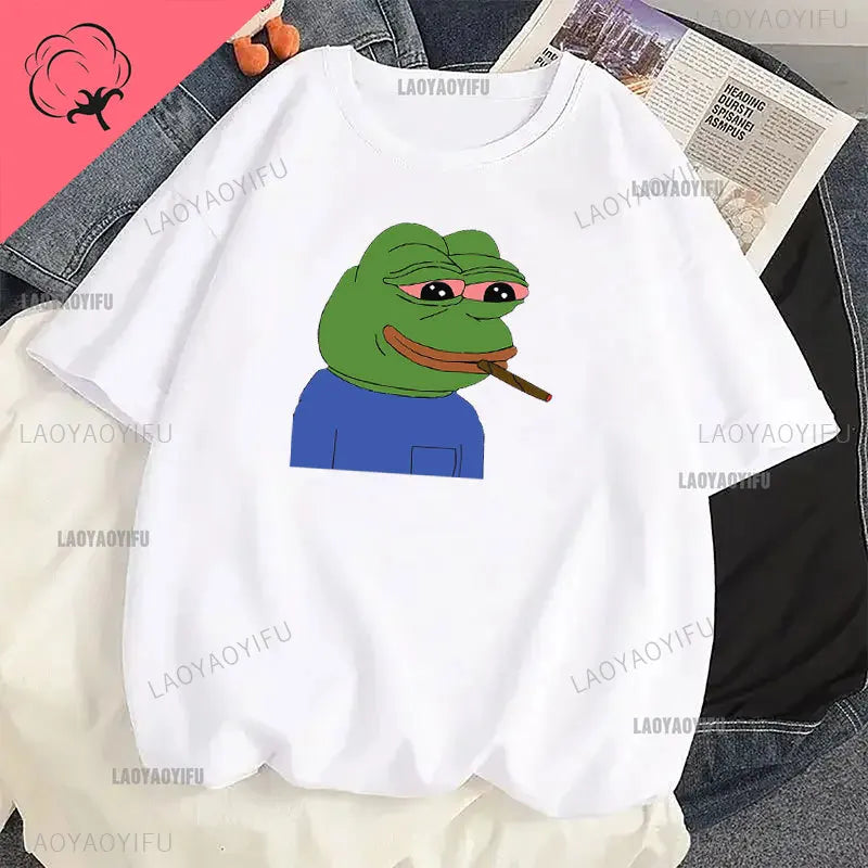 Funny Cartoon Pepe Frog Graphic Cotton Girl T Shirt Unisex Harajuku Short Sleeve Men Funny Frog Animal Y2k Gift Idea Casual Tops