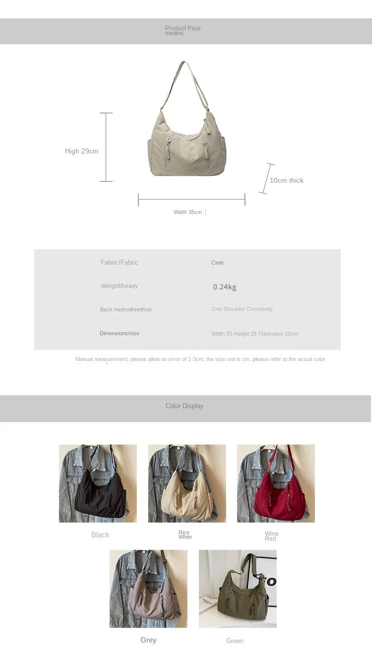 Summer Women Solid Color Shoulder Bag Fashion Lightweight Versatile Travel Crossbody Bag Commuter Nylon Large Capacity Hobo Bag