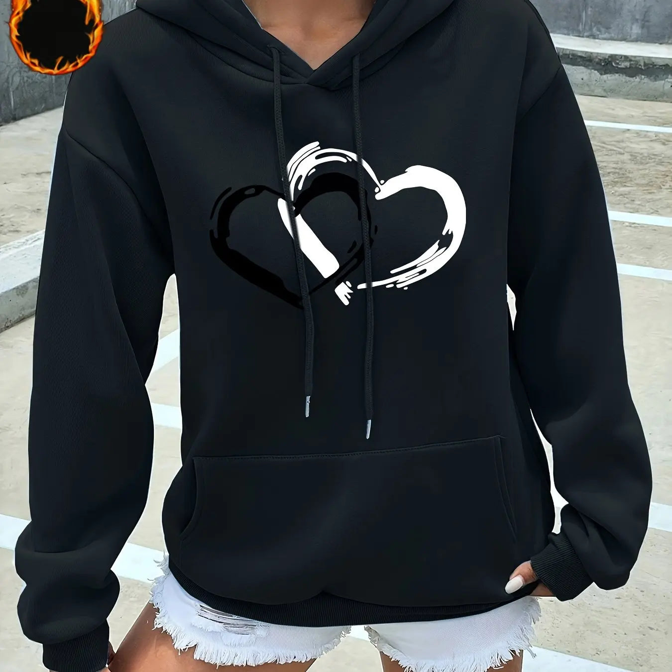 Women's casual hoodie sweatshirt heart graphic print round neck long sleeved autumn and winter warm regular version