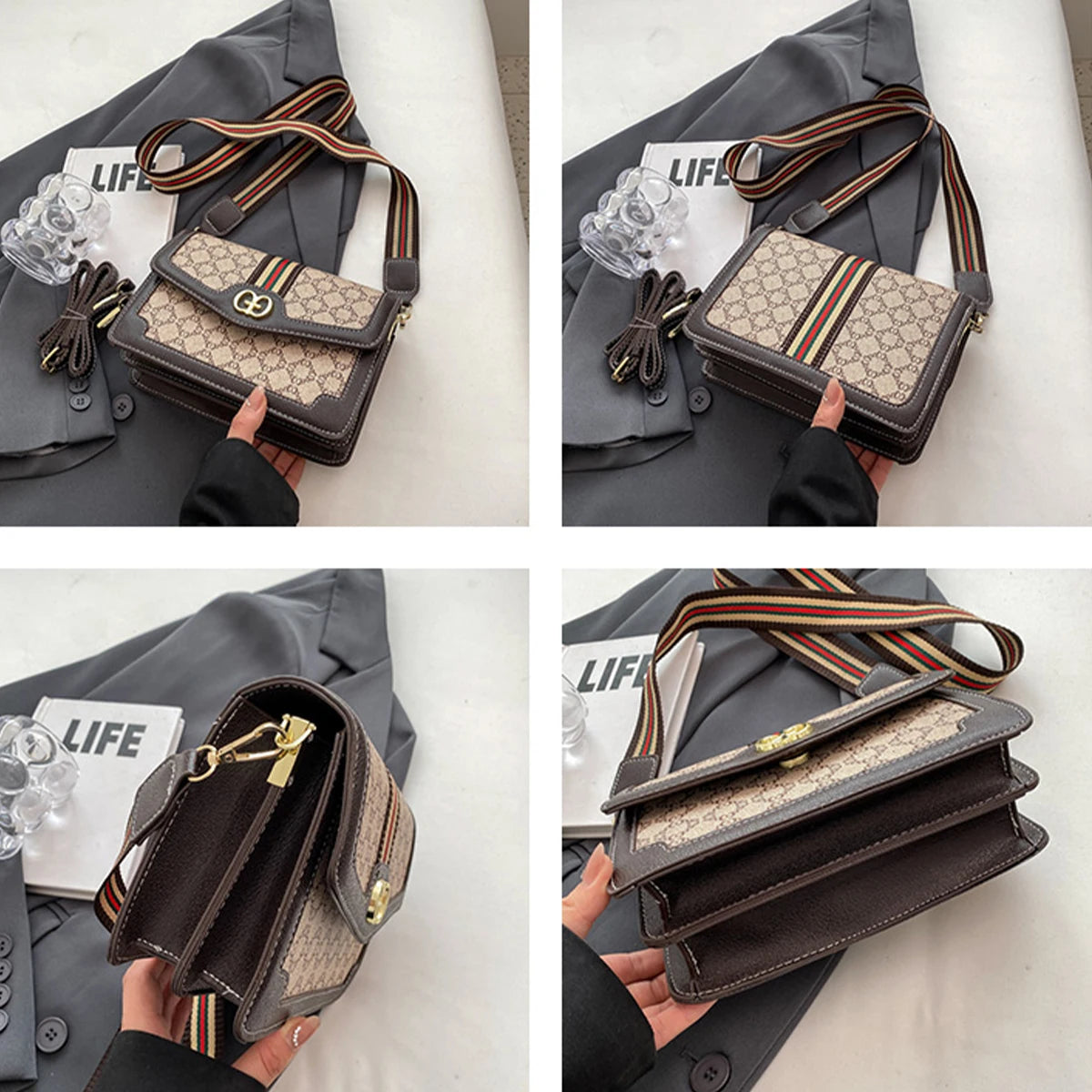Fashion Classic Geometric Print Quilted Shoulder Bag Metal Logo PU Lightweight Flap Magnetic Snap Adjustable Strap Crossbody Bag
