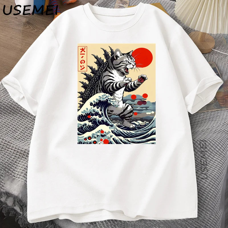 Catzilla Cat Japanese Funny T-shirt for Men Women Vintage Cartoon Print Casual Comfortable Round Neck Short Sleeved T-shirt Top