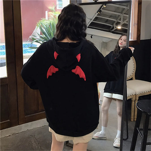 gothic clothes Harajuku Hoodies Devil Horns Sweatshirts zip up hoodie Loose Pullovers Long Sleeve Tops Streetwear Femme