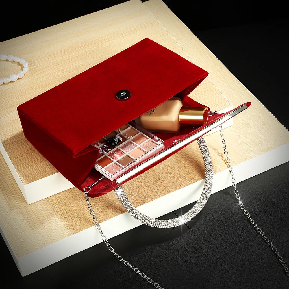 New wine red velvet diamond-encrusted handbag for ladies a luxurious small square bag for dinner parties and a fashionable met