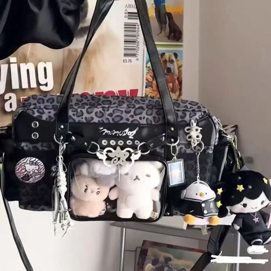 New Y2K Casual Large Capacity Handbag Shoulder Bag Comic Exhibition Crossbody Bag Sweet and Cool Leopard Print Ita Bag for Girls