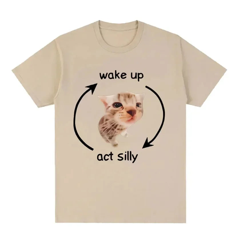 Wake Up Act Silly Meme Graphic T Shirt Funny Cute Cat Print Short Sleeve T-shirt Men Women Casual Oversized T Shirts