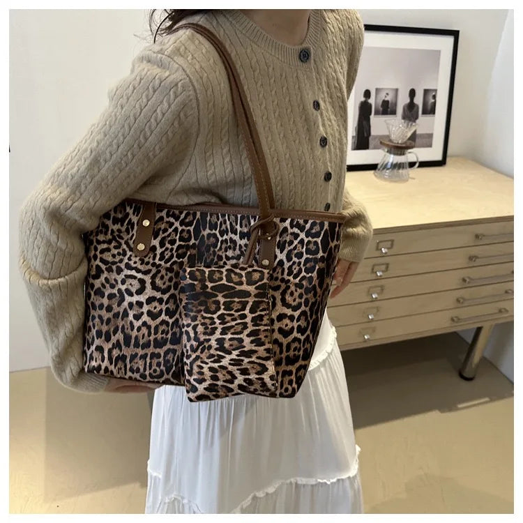 Women's Leopard Print Tote bag Pu Leather Underarm Bags Simple Casual Travel Shopping Bag Large Capacity Mother and Child Packag