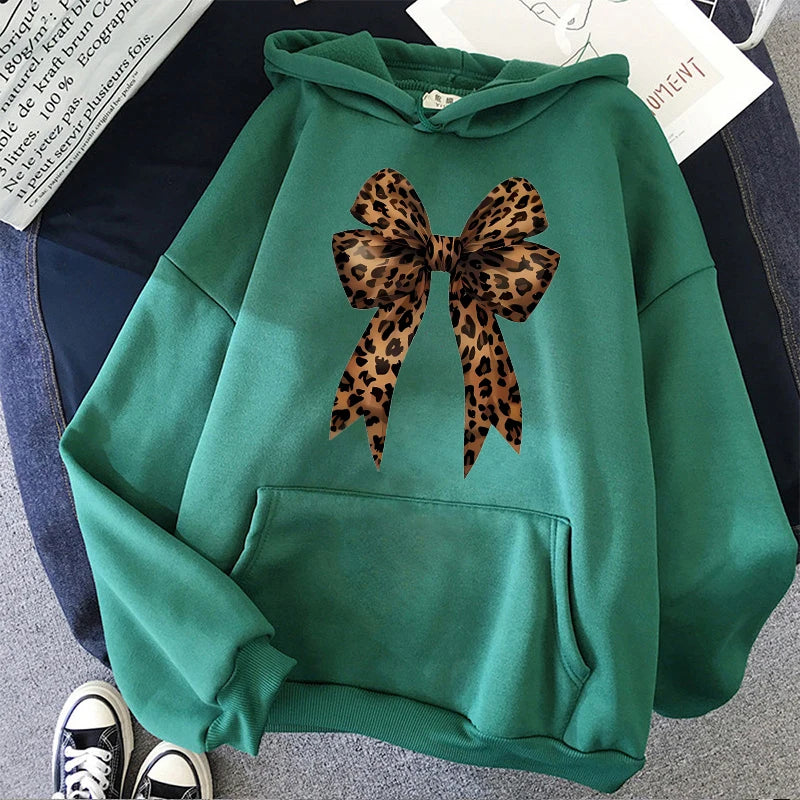 Bow Heart Love Leopard Print Hoodies Long Sleeve Funny Sweatshirts Streetwear Women's Casual Graphic Hooded Pullovers Clothes