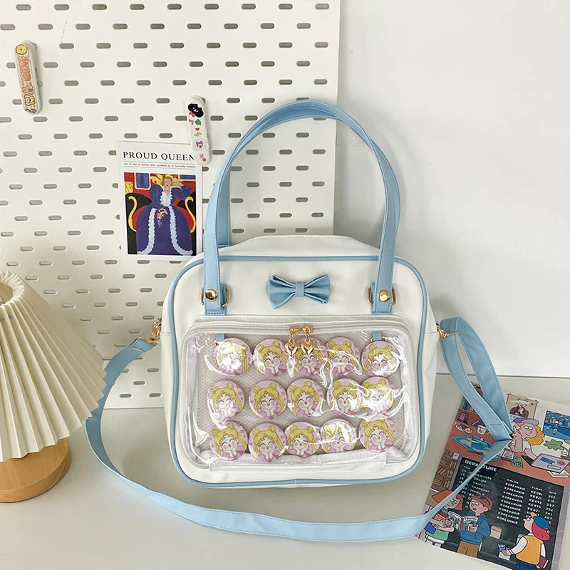 Japanese Style Kawaii PU Leather Itabag Women Transparent Pocket Bowknot Lolita Shoulder Bag Tote Handbags Women Ita Bag JK Girl