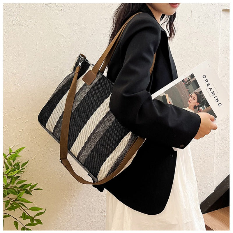 Large Tote Bag for women's Striped Crossbody Canvas Bag 2023 New Trendy Versatile Class Commuting Shoulder Bag