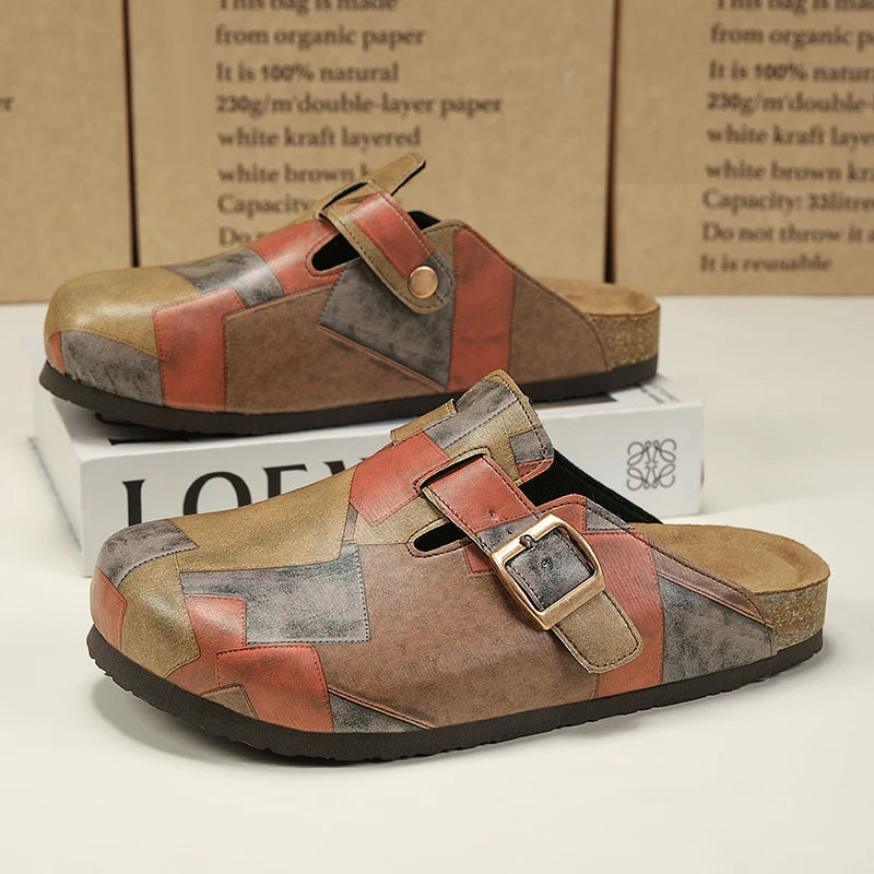 Unisex Cork Closed Toe Slippers Slip-on Clogs Slides Fashion Leather Sandals with Adjustable Buckle Backless Comfort Footbed