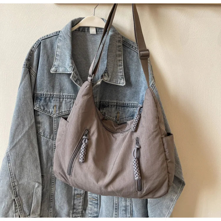 Summer Women Solid Color Shoulder Bag Fashion Lightweight Versatile Travel Crossbody Bag Commuter Nylon Large Capacity Hobo Bag