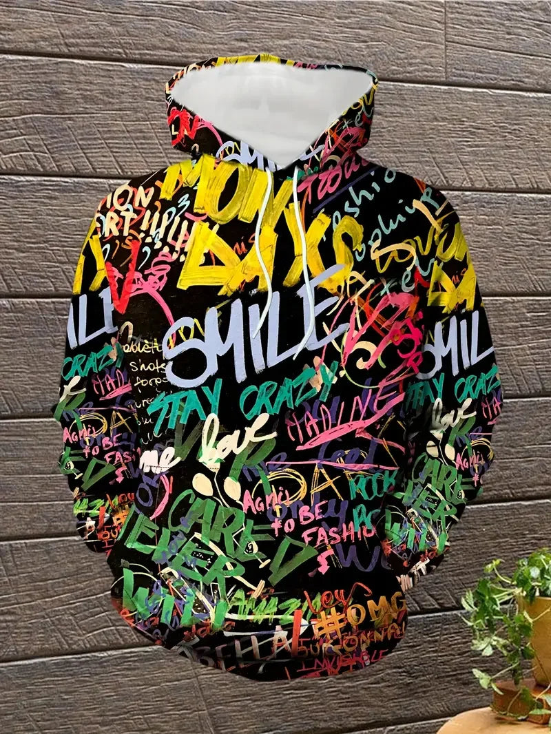 2024 New Men's Painted Graffiti Flow Printed Hoodie Casual Trendy Long Sleeve Sports Top Street Men's Colorful Pattern Hoodie