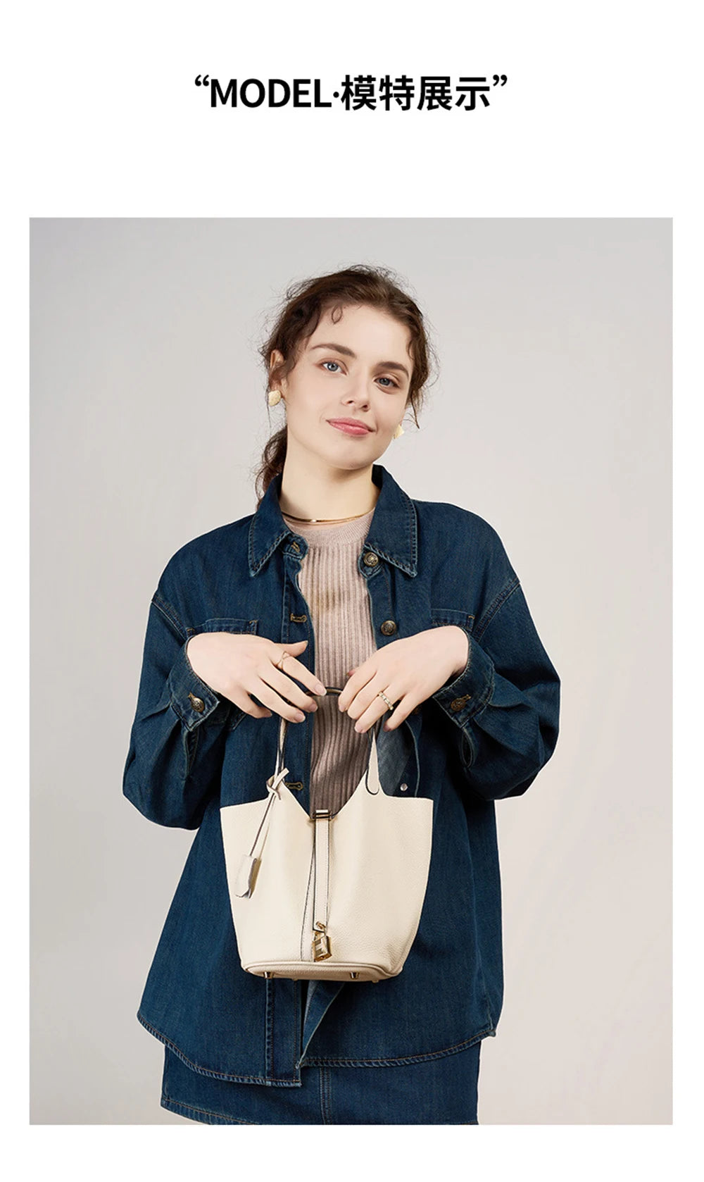 2025 Casual Fashion Female Genuine Leather Bucket Bag Luxury Handbag High-End Tote Bag Woman Cow Leather Mommy Bag & Metal Lock