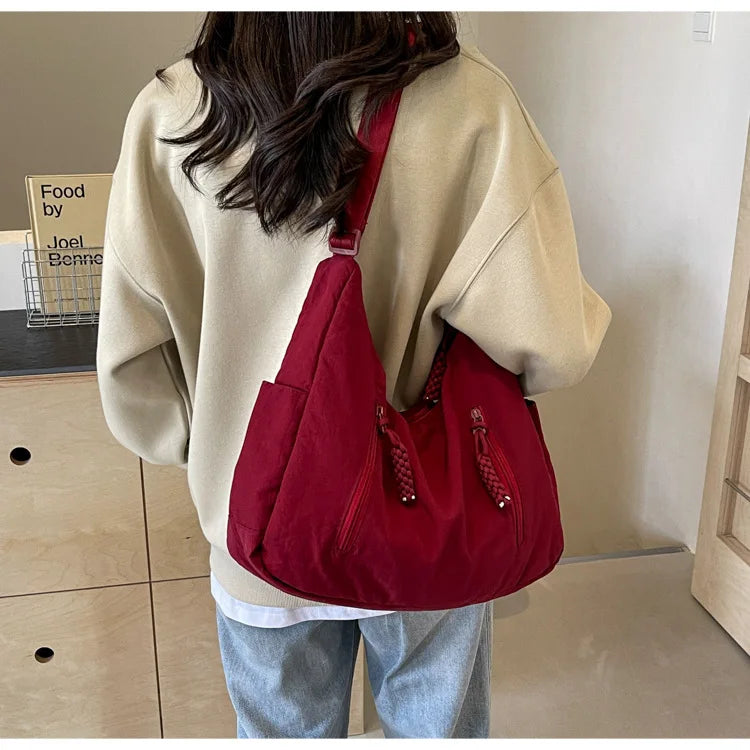 Summer Women Solid Color Shoulder Bag Fashion Lightweight Versatile Travel Crossbody Bag Commuter Nylon Large Capacity Hobo Bag
