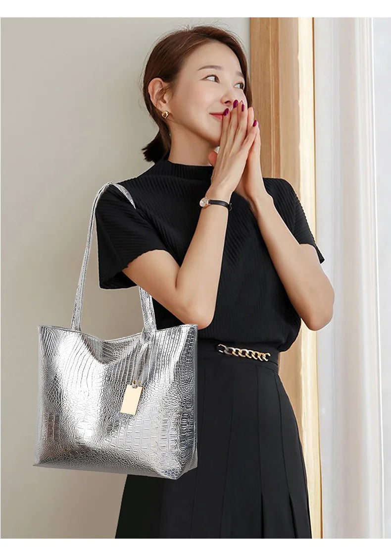 Vintage Women's Tote Bag, Large Capacity Handbag Shoulder Bag with Zipper Closure, Metallic Finish Handbags for Work, Parties