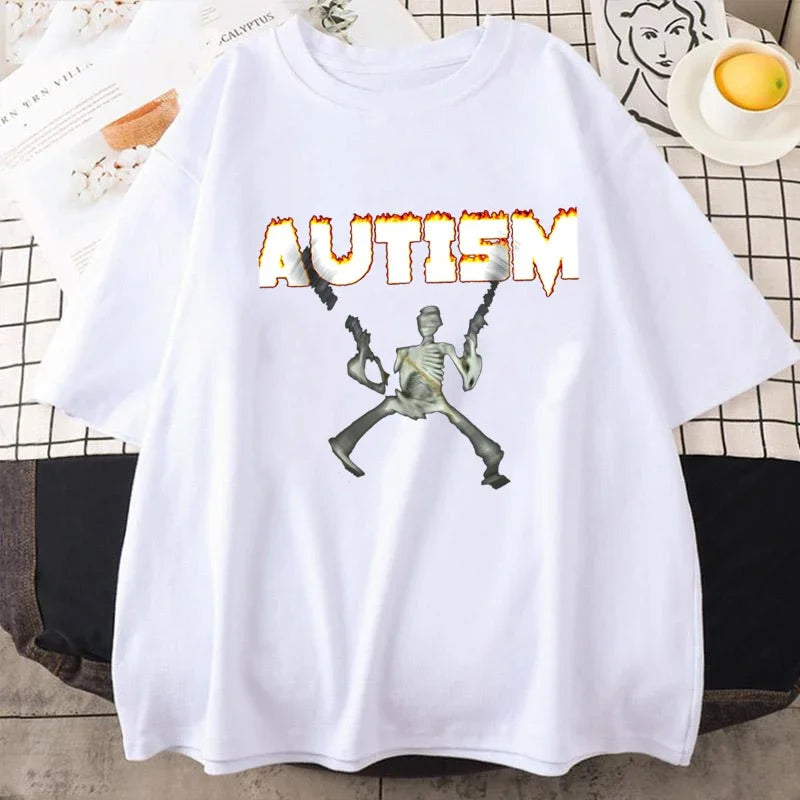 Autism Skeleton Meme Humor Funny Skull Men Women Fashion Hip Hop T-shirt Short Sleeve Fashion Casual Tshirt Oversized T Shirt