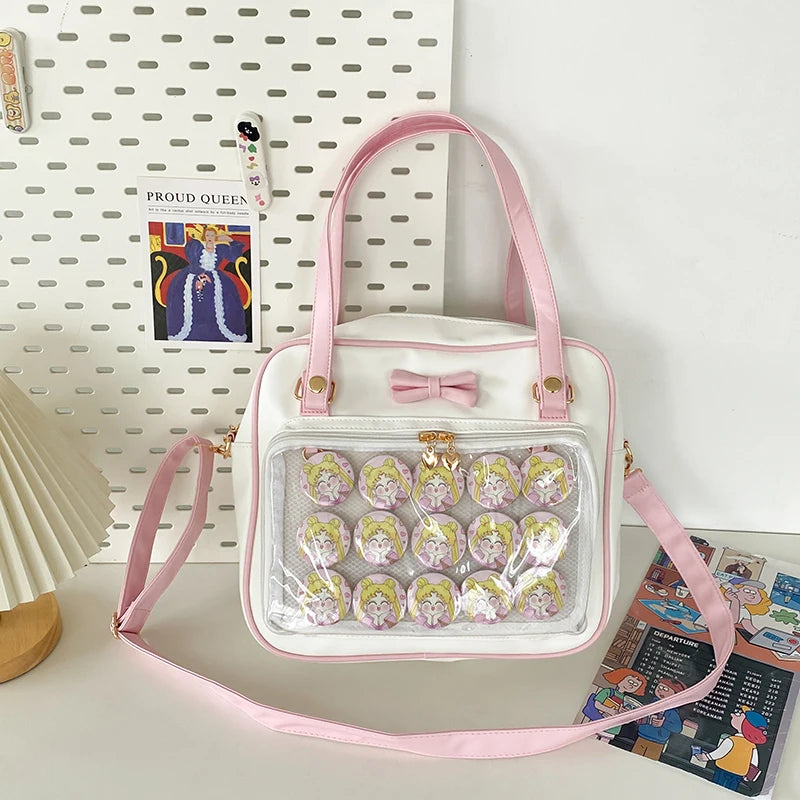 Japanese Style Kawaii PU Leather Itabag Women Transparent Pocket Bowknot Lolita Shoulder Bag Tote Handbags Women Ita Bag JK Girl