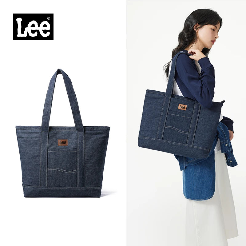 LEE Unisex Utility Canvas Leather Zipper Tote Bag Casual Denim Daily Shopping Handbag Women Man Durable Student School Book Bag
