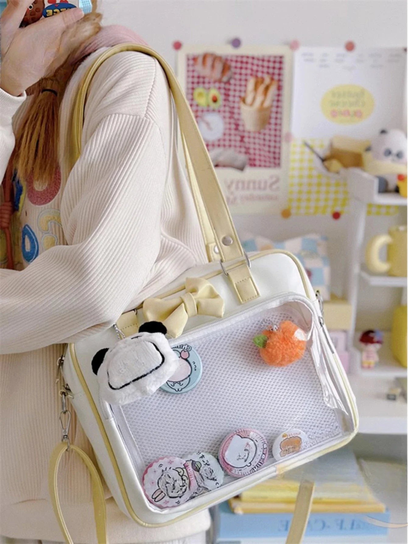 Japanese Style Kawaii PU Leather Itabag Women Transparent Pocket Bowknot Lolita Shoulder Bag Tote Handbags Women Ita Bag JK Girl