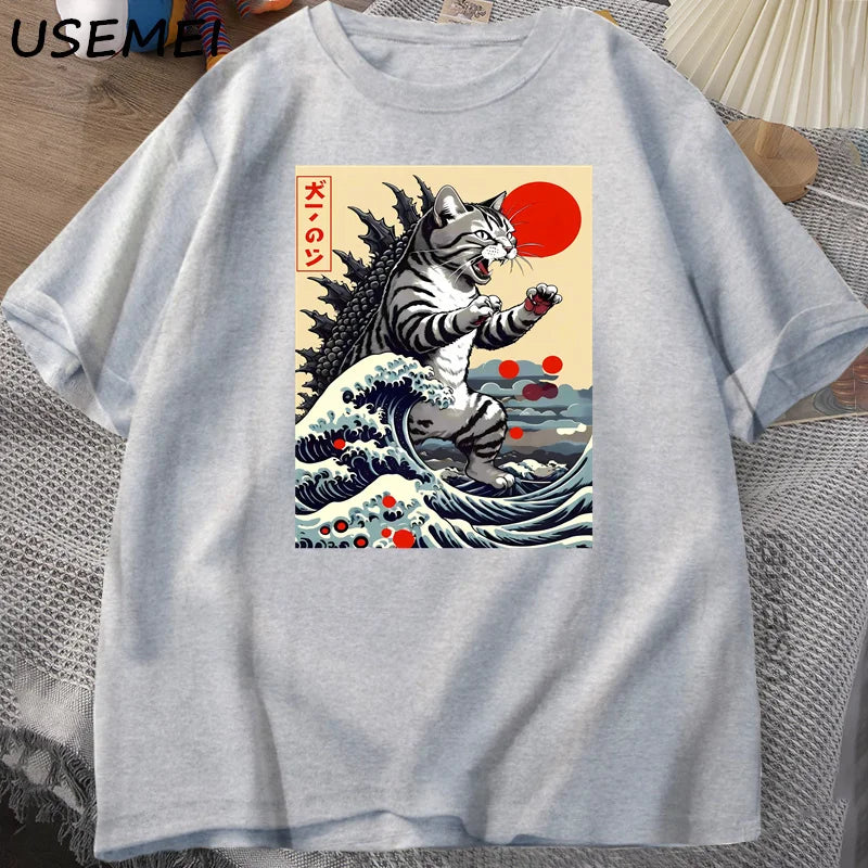 Catzilla Cat Japanese Funny T-shirt for Men Women Vintage Cartoon Print Casual Comfortable Round Neck Short Sleeved T-shirt Top