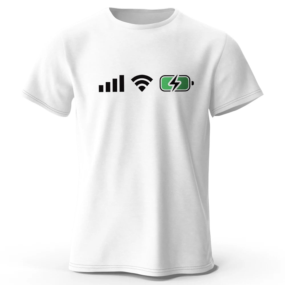 Signal WiFi Battery Printed T-Shirt 100% Cotton Oversized Tech Graphic Tees for Men Women Summer Tops Digital Streetwear