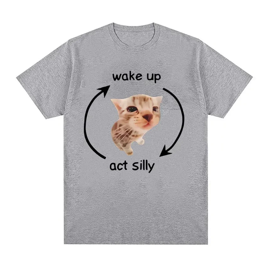 Wake Up Act Silly Meme Graphic T Shirt Funny Cute Cat Print Short Sleeve T-shirt Men Women Casual Oversized T Shirts