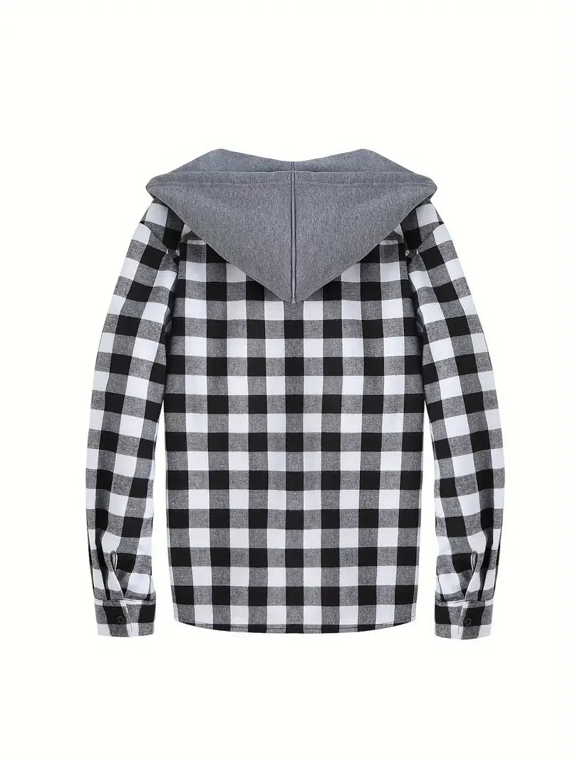 Men's Plaid Flannel Hooded Shirt, Long Sleeve Button Down Hoodie Jacket with Chest Pockets Casual Streetwear Tops