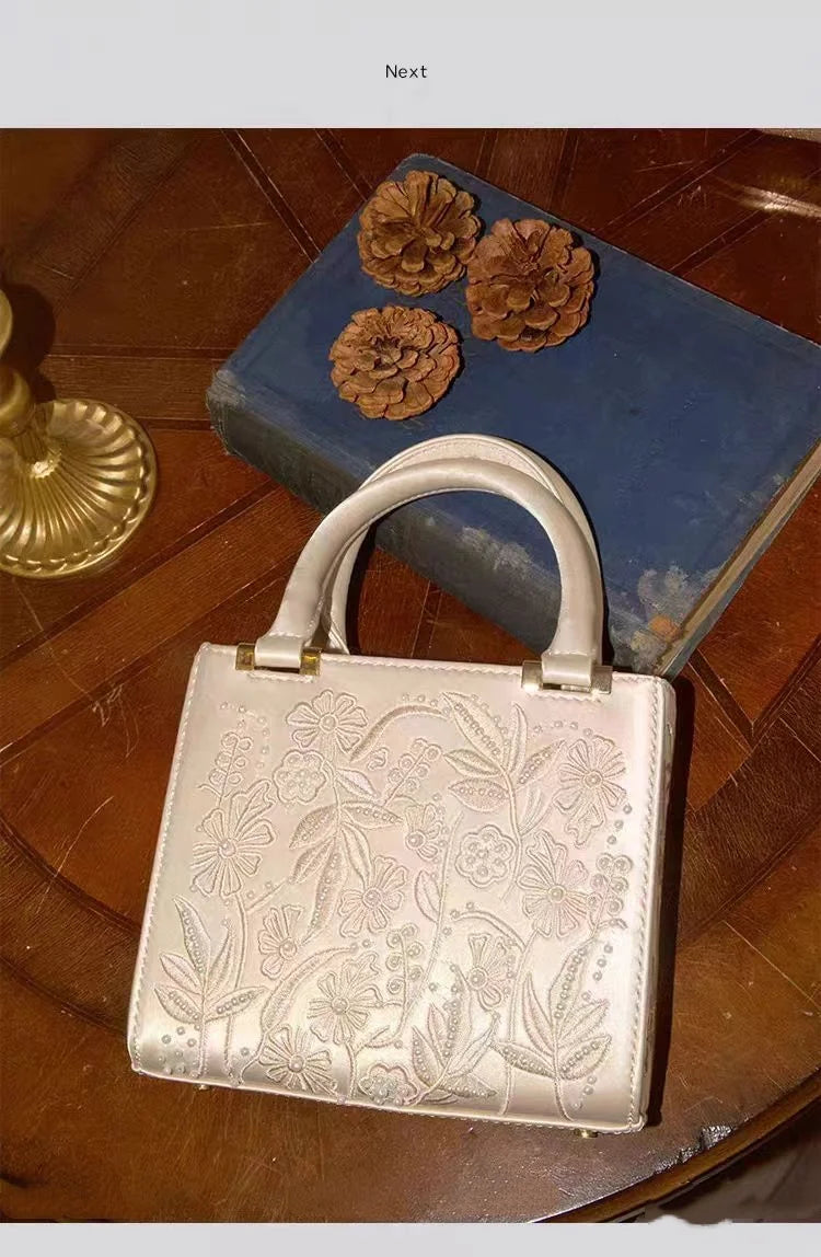 Elegant Soft Pearl Embroidery Fashion Handbag Silk Cheongsam Evening Clutch Chain Shoulder Bag Urban Minimalist Style Tote Chic