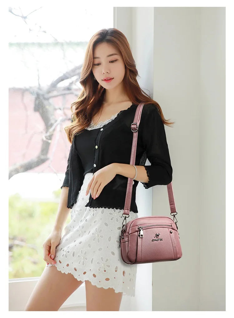 Women's Crossbody Bag, Water-Resistant Solid Color Square Shoulder Bag, Three Layer Zipper Closure Phone Purse Pouch for Women