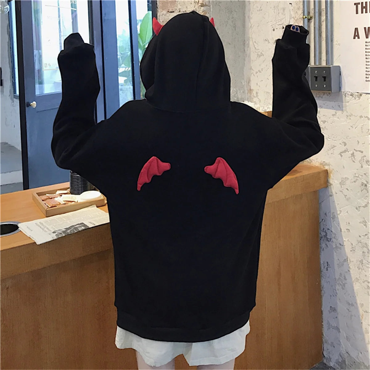 gothic clothes Harajuku Hoodies Devil Horns Sweatshirts zip up hoodie Loose Pullovers Long Sleeve Tops Streetwear Femme