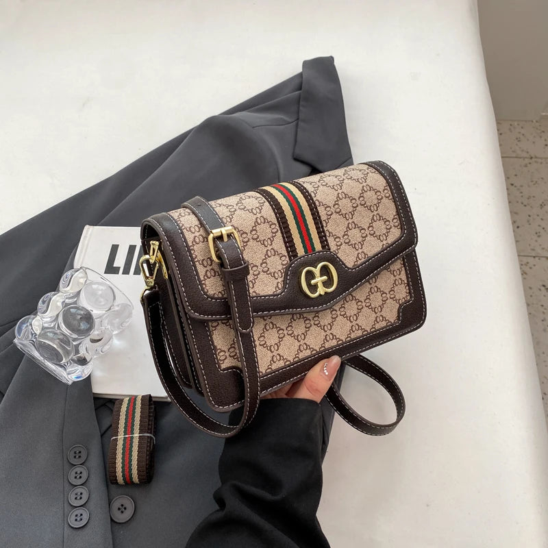 Fashion Classic Geometric Print Quilted Shoulder Bag Metal Logo PU Lightweight Flap Magnetic Snap Adjustable Strap Crossbody Bag