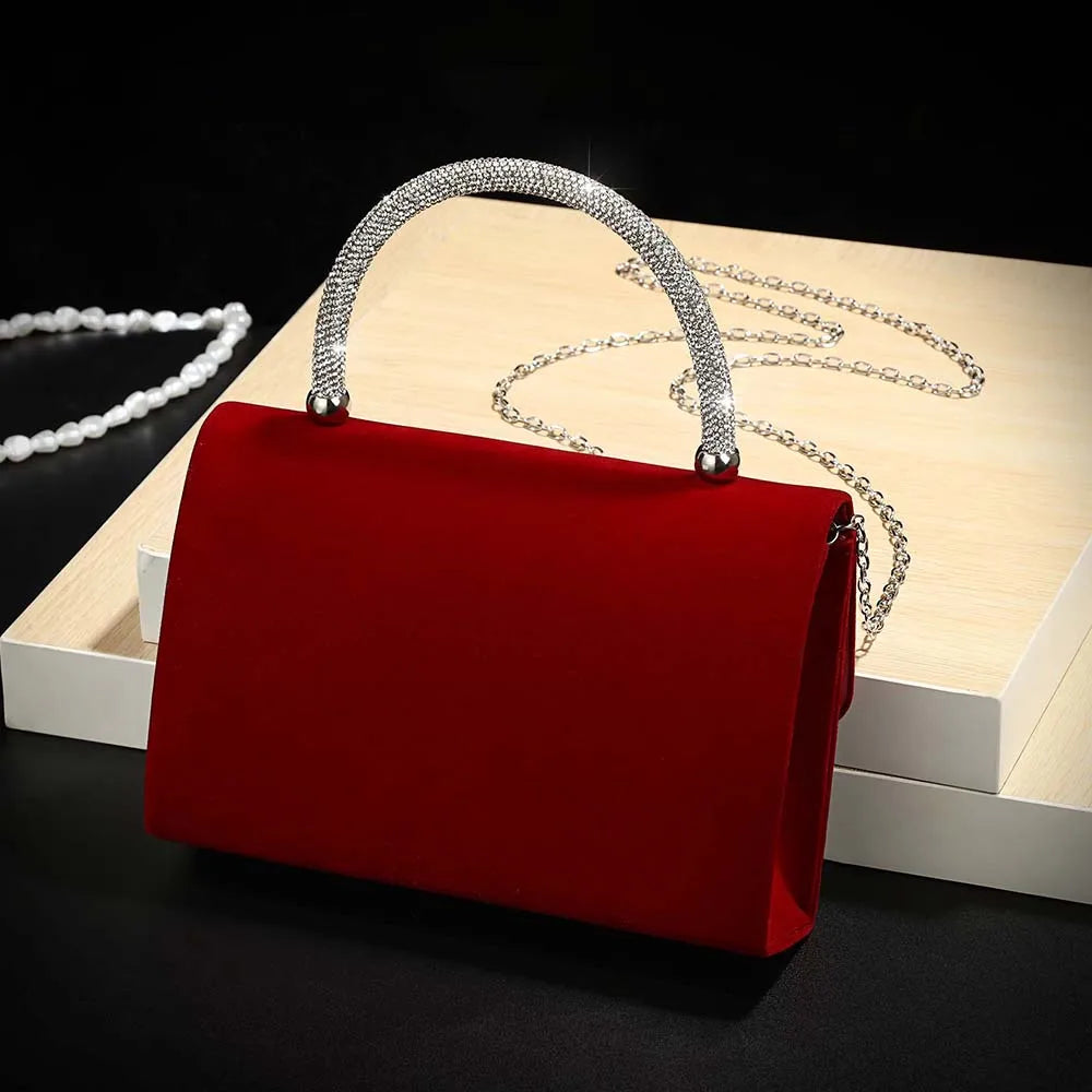 New wine red velvet diamond-encrusted handbag for ladies a luxurious small square bag for dinner parties and a fashionable met