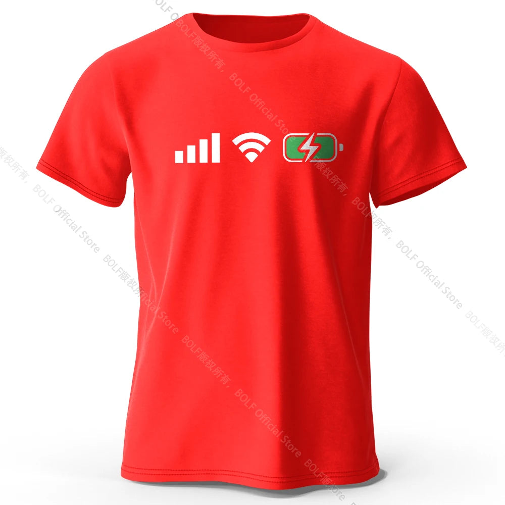 Signal WiFi Battery Printed T-Shirt 100% Cotton Oversized Tech Graphic Tees for Men Women Summer Tops Digital Streetwear