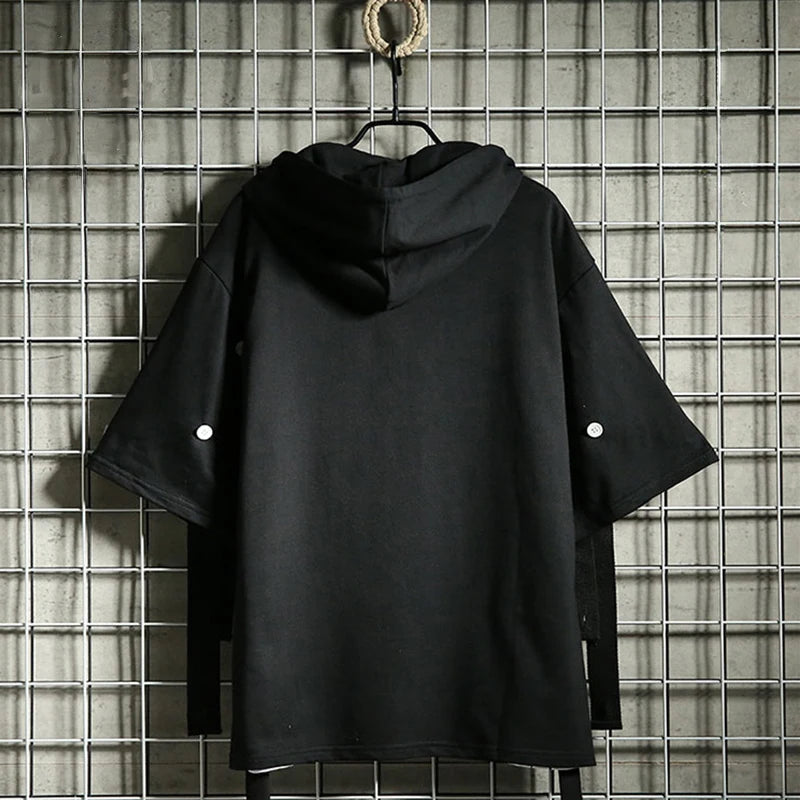 Autumn  Men's Casual Hoodie Sweatshirt Techwear Hip Hop Harajuku Style with Ribbons Patchwork Japanese Streetwear Darkwear