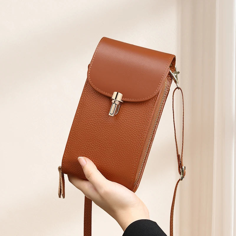 Genuine leather phone bag, crossbody bag, shoulder bag with 8 card slots, ID evidence slot, zipper pocket, lychee patterned cowh