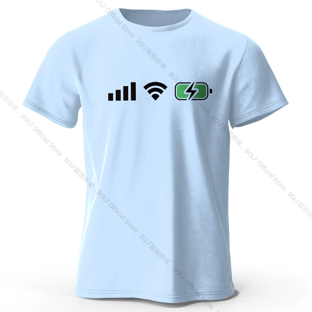 Signal WiFi Battery Printed T-Shirt 100% Cotton Oversized Tech Graphic Tees for Men Women Summer Tops Digital Streetwear