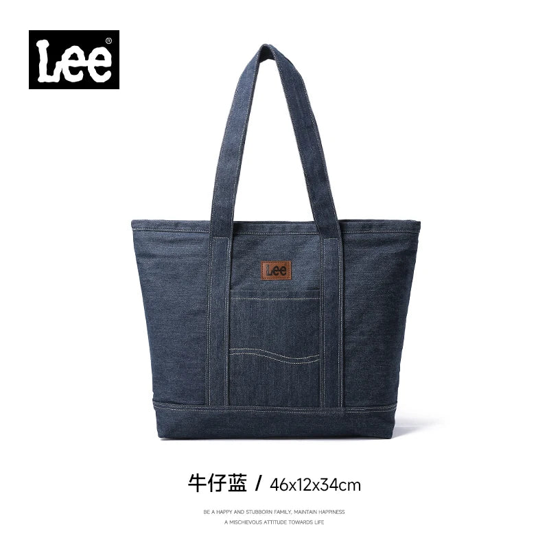 LEE Unisex Utility Canvas Leather Zipper Tote Bag Casual Denim Daily Shopping Handbag Women Man Durable Student School Book Bag