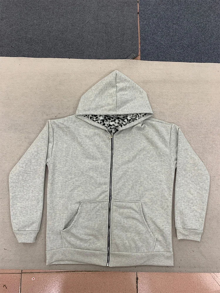 Autumn/Winter Leopard Grey Double sided Zipper Hoodie Men's Casual High Street Warmth Hoodie men's autumn clothing  2025 new
