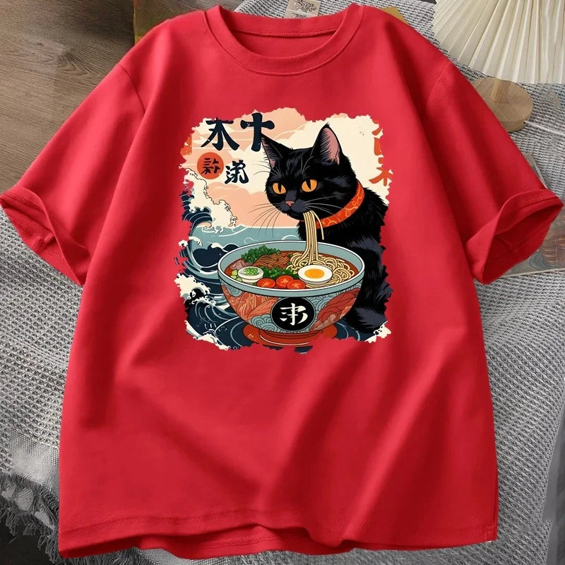 Kawaii Cat Anime Tshirt Ramen Japanese Funny Graphic Tee Kawaii Noodle Cat Tee Shirt Women Short Sleeve T-shirt Harajuku Clothes