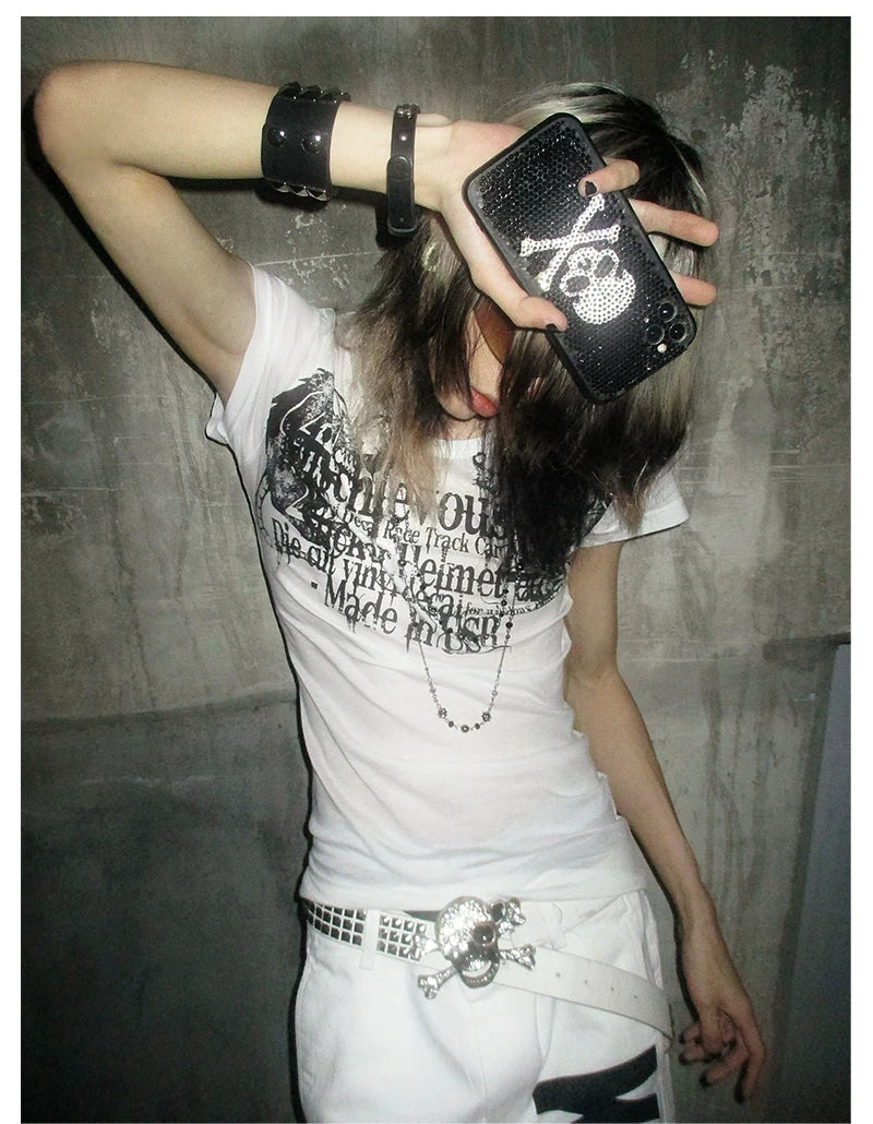 Karrram Trashy Y2k Letter Print T-shirt Grunge Aesthetics Short Sleeve Tattoo Tops Vintage 2000s Style Streetwear American Retro