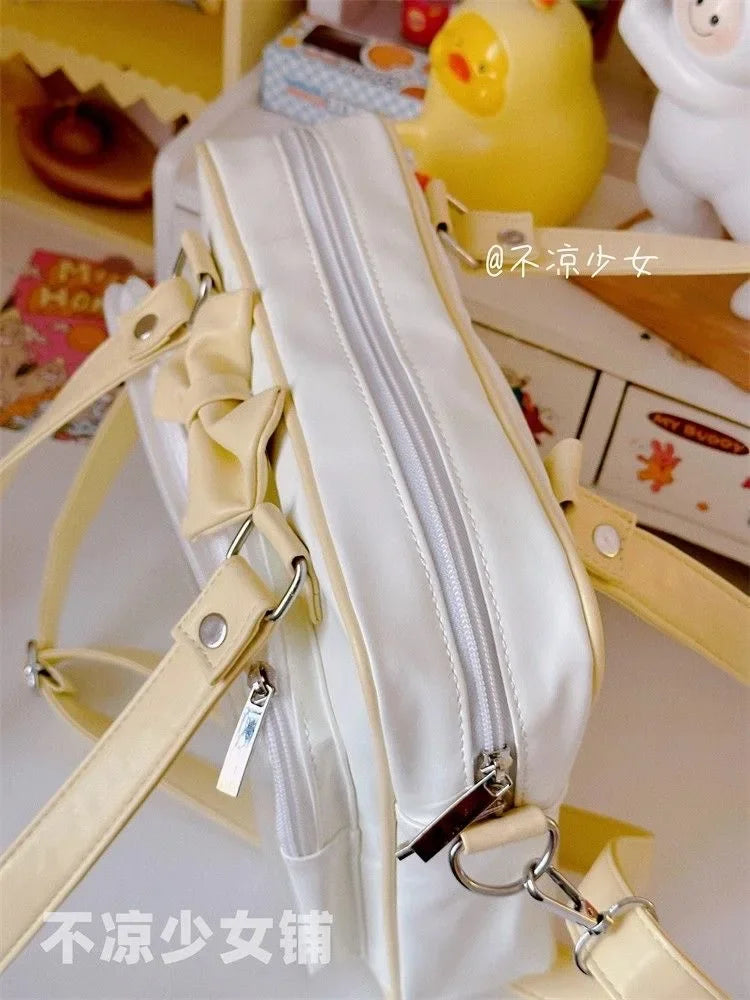 Japanese Style Kawaii PU Leather Itabag Women Transparent Pocket Bowknot Lolita Shoulder Bag Tote Handbags Women Ita Bag JK Girl