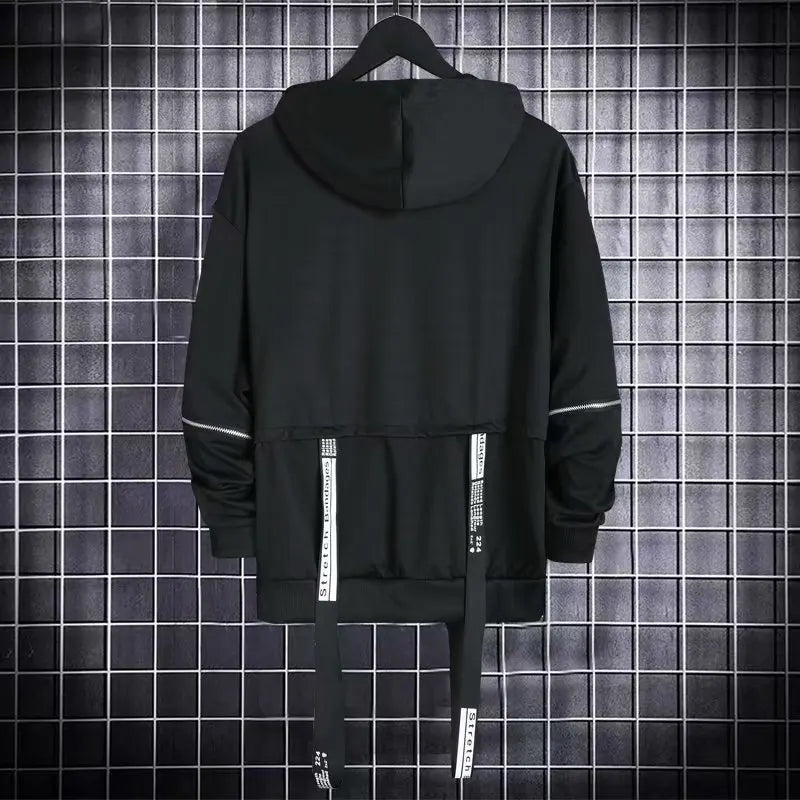 Autumn  Men's Casual Hoodie Sweatshirt Techwear Hip Hop Harajuku Style with Ribbons Patchwork Japanese Streetwear Darkwear