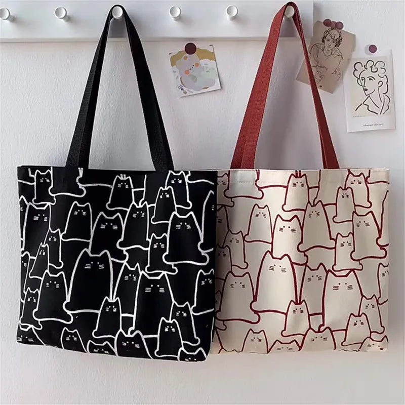 Canvas Handbag For Women 2023 Fashion Cute Cat Tote Messenger Bags With Zipper Designer Bag Ladies Cartoon Shoulder Shopper Bags