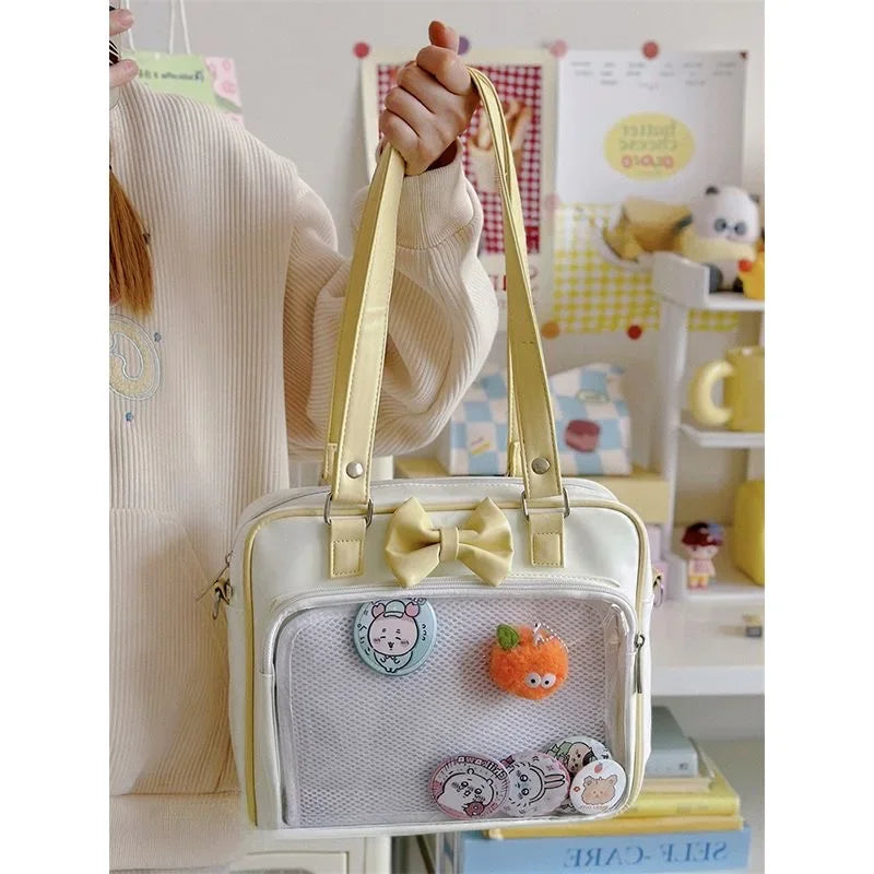Japanese Style Kawaii PU Leather Itabag Women Transparent Pocket Bowknot Lolita Shoulder Bag Tote Handbags Women Ita Bag JK Girl
