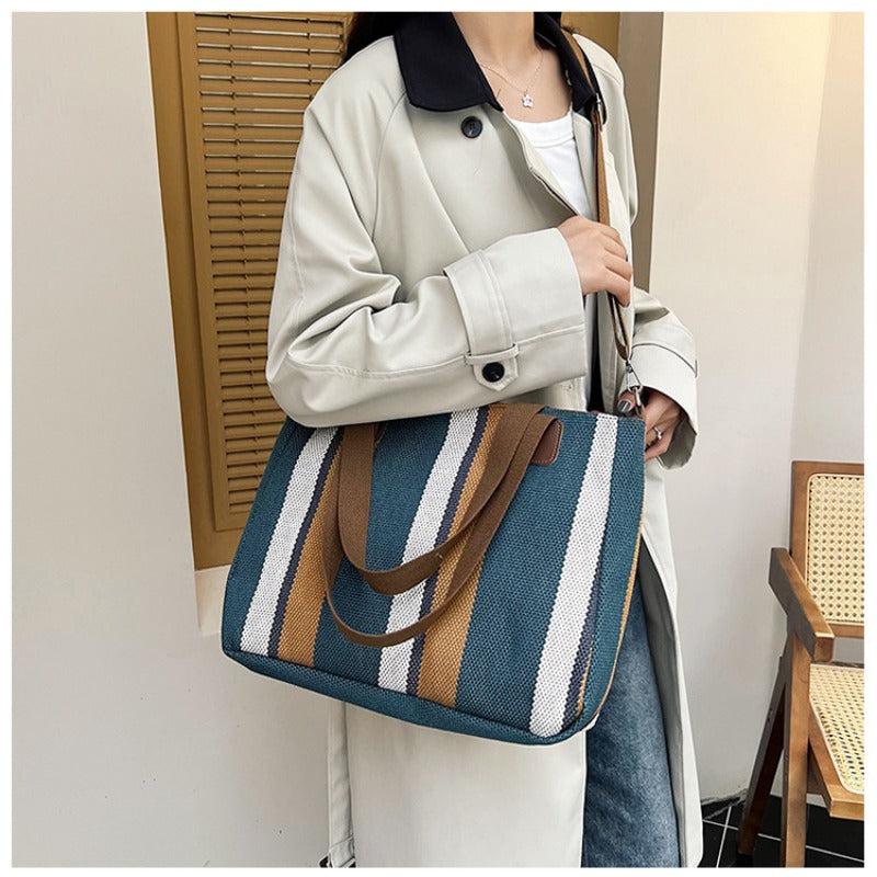 Large Tote Bag for women's Striped Crossbody Canvas Bag 2023 New Trendy Versatile Class Commuting Shoulder Bag