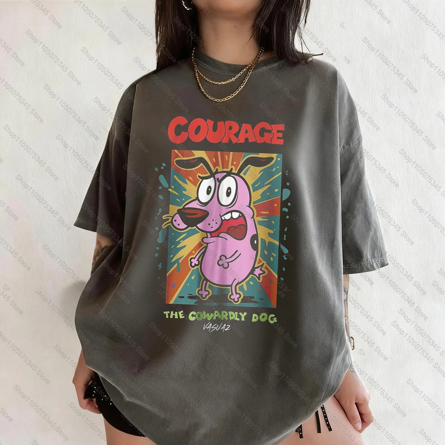 Vintage Courage The Cowardly Dog Cartoon Print Short Sleeve T-Shirt Retro Unisex Graphic Tee 90s Nostalgia Summer Streetwear Tee