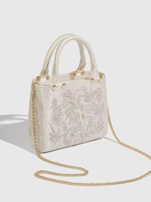 Elegant Soft Pearl Embroidery Fashion Handbag Silk Cheongsam Evening Clutch Chain Shoulder Bag Urban Minimalist Style Tote Chic