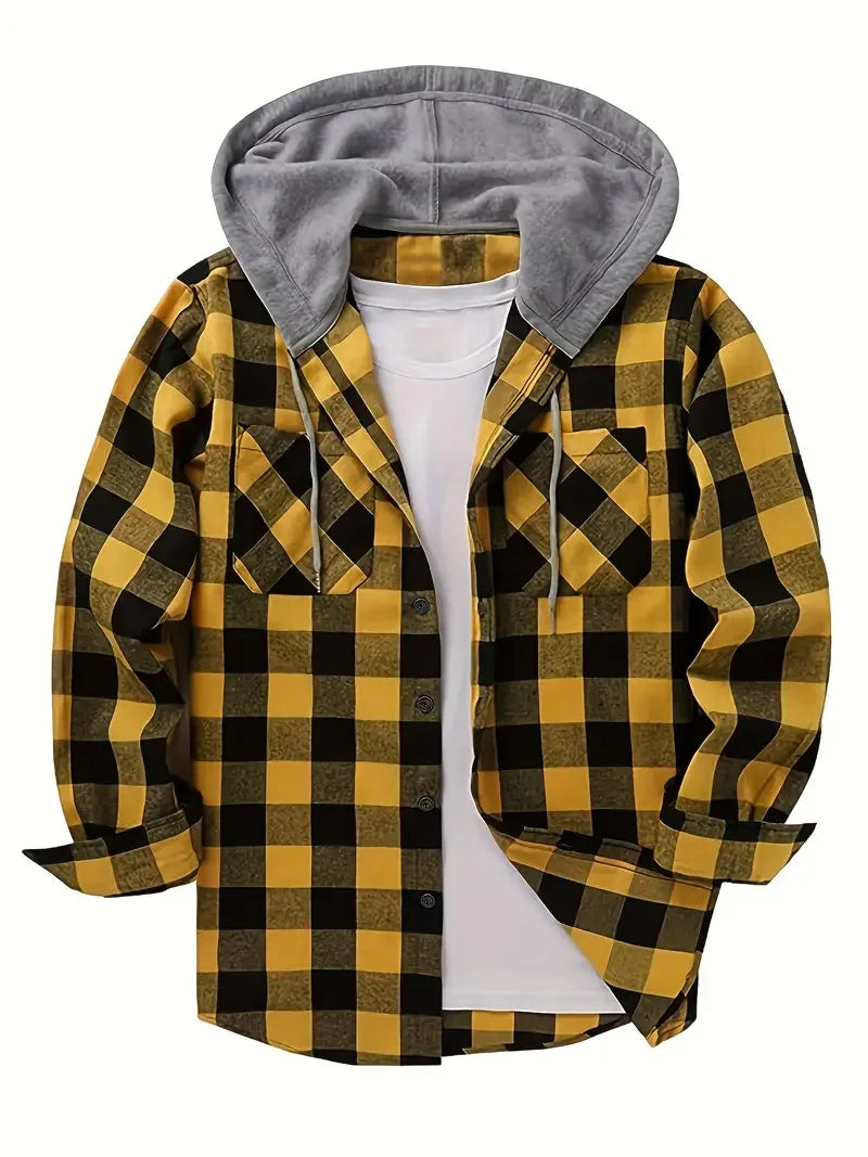 Men's Plaid Flannel Hooded Shirt, Long Sleeve Button Down Hoodie Jacket with Chest Pockets Casual Streetwear Tops