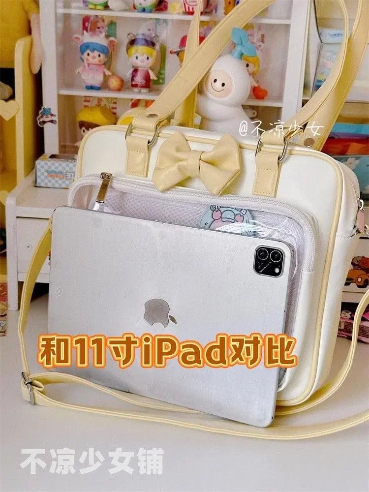 Japanese Style Kawaii PU Leather Itabag Women Transparent Pocket Bowknot Lolita Shoulder Bag Tote Handbags Women Ita Bag JK Girl