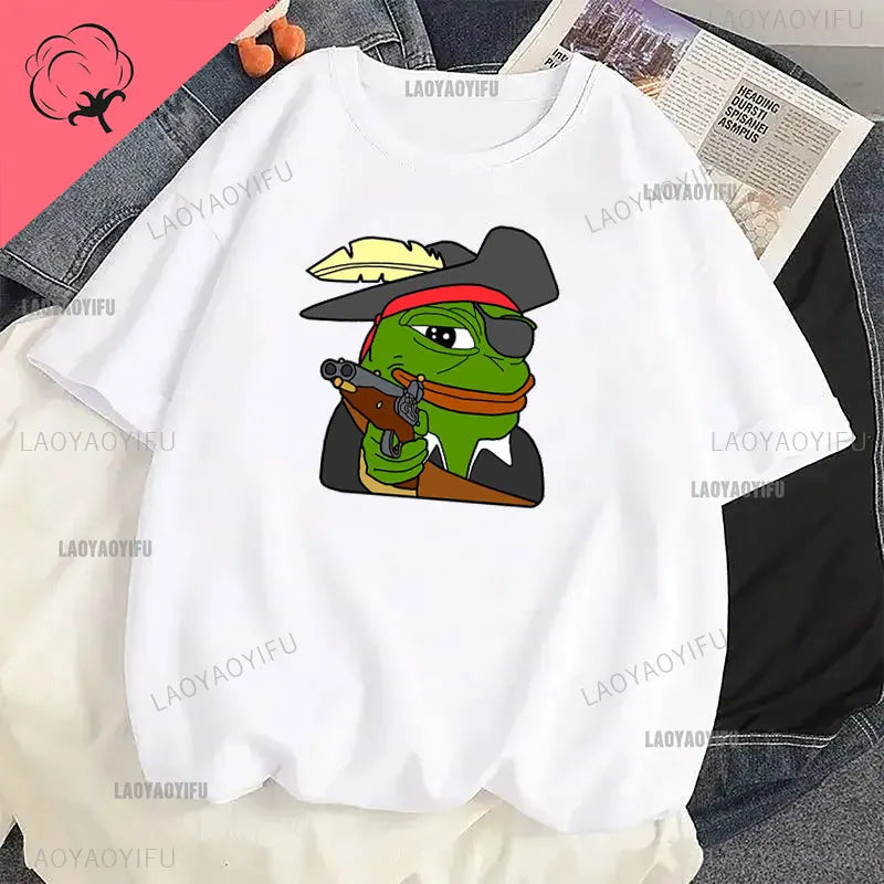 Funny Cartoon Pepe Frog Graphic Cotton Girl T Shirt Unisex Harajuku Short Sleeve Men Funny Frog Animal Y2k Gift Idea Casual Tops